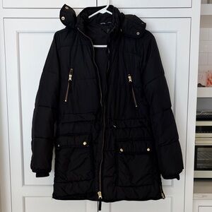 J. Crew Black Puffer Coat with Gold Accents
